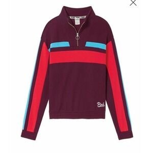 Victoria's Secret PINK Quarter Zip‎ Pullover Sweatshirt Maroon Colorblock Medium